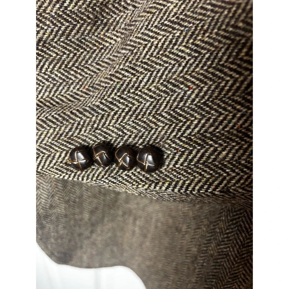 Harris Tweed Jos A Bank Brown Herringbone Blazer Men's 44L Wool Leather Buttons*